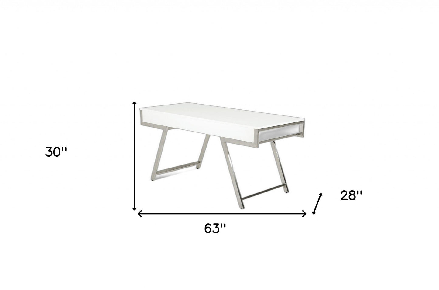 63" White and Silver Writing Desk With Three Drawers