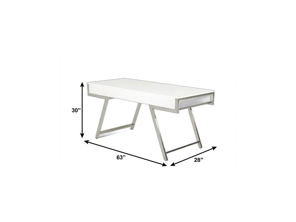 63" White and Silver Writing Desk With Three Drawers