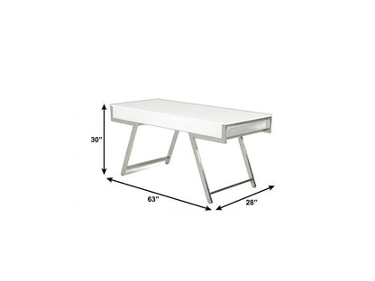 63" White and Silver Writing Desk With Three Drawers