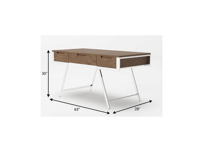 63" Walnut and Chrome Rectangular Writing Desk With Three Drawers