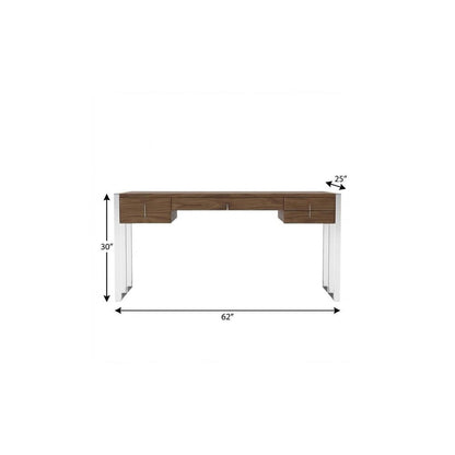62" Brown and Silver Writing Desk With Four Drawers