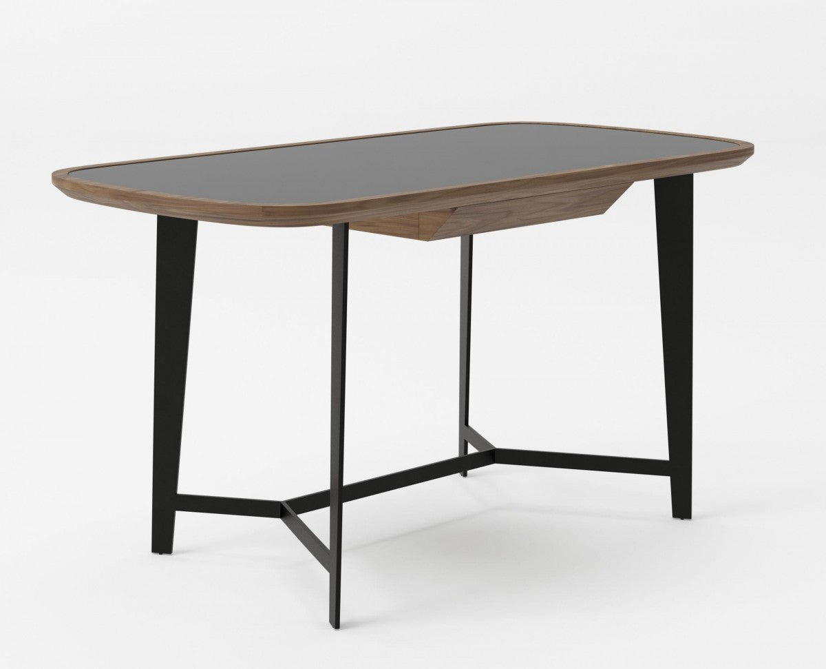 55" Walnut And Black Glass Rectangular Writing Desk