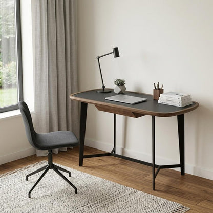 55" Walnut And Black Glass Rectangular Writing Desk
