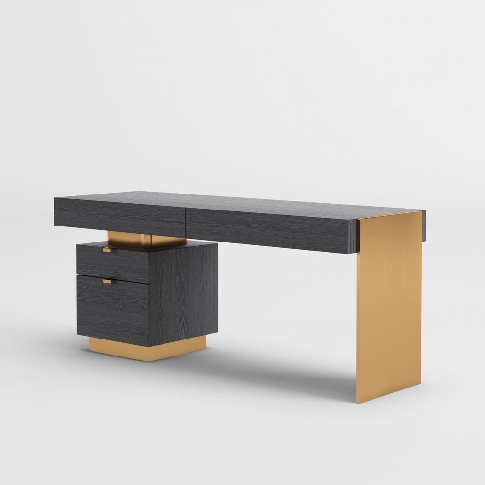 63" Gray and Gold Writing Desk With Four Drawers