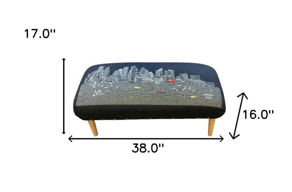 38" Black And Natural Boston Night Skyline Embroidered Ottoman