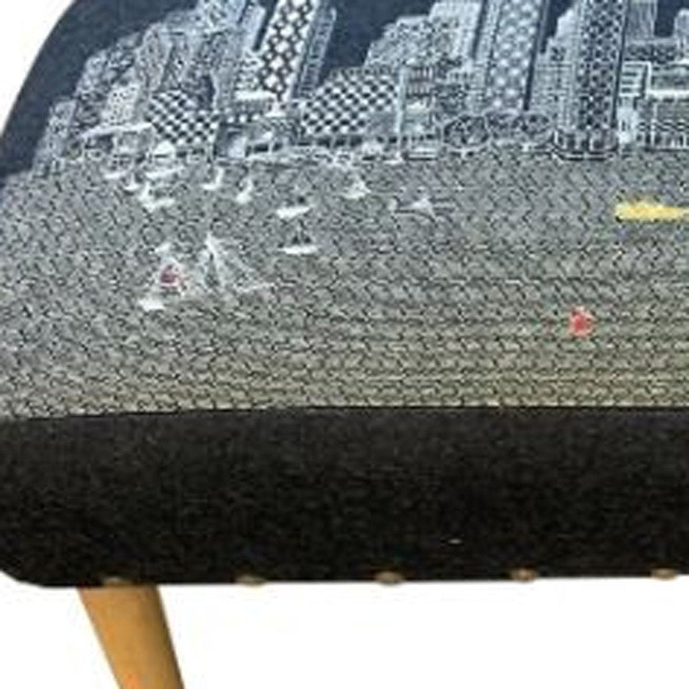 38" Black And Natural Boston Night Skyline Embroidered Ottoman
