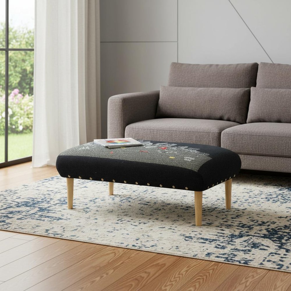 38" Black And Natural Boston Night Skyline Embroidered Ottoman