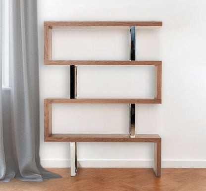 67" Walnut Manufactured Wood Four Tier Zig Zag Bookcase