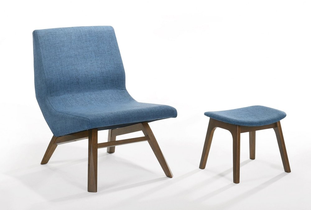 22" Blue And Brown Upholstered Lounge Chair With Ottoman