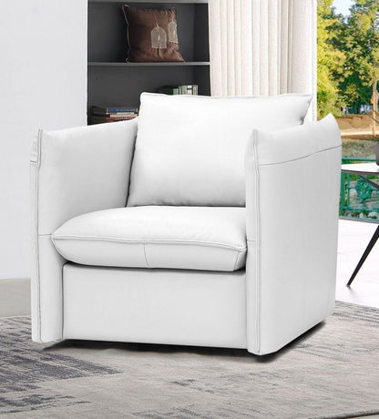 36" White And Silver Genuine Leather Swivel Lounge Chair