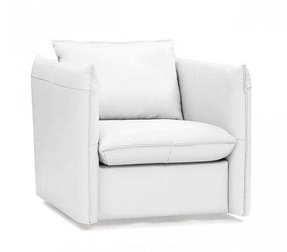 36" White And Silver Genuine Leather Swivel Lounge Chair