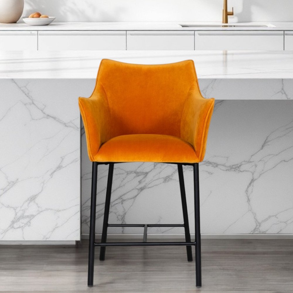 26" Yellow And Black Fabric And Iron Low Back Counter Height Bar Chair