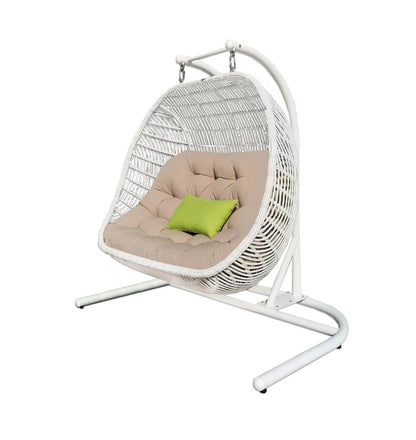 69" Beige and White Metal Indoor Outdoor Swing Chair with Beige Cushion