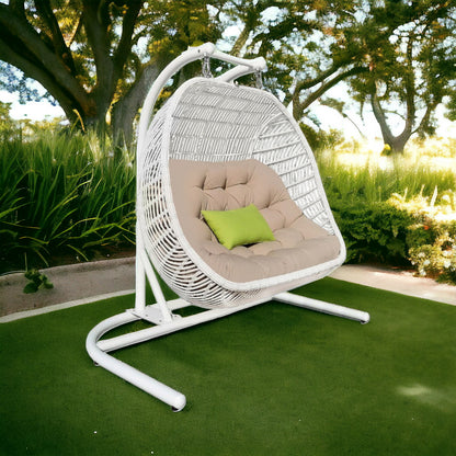 69" Beige and White Metal Indoor Outdoor Swing Chair with Beige Cushion