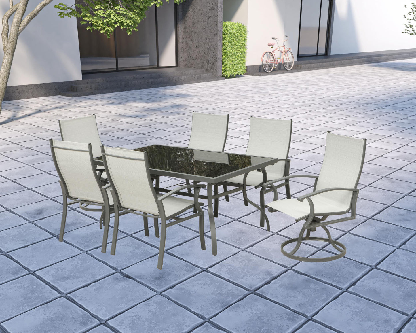 Seven Piece Black and Gray Rectangular Glass Dining Set with Six Chairs