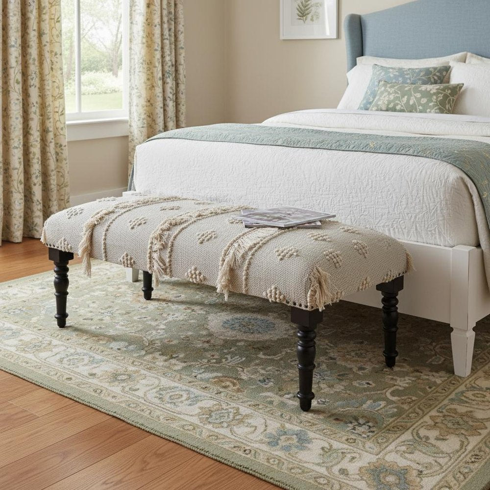 47" Cream And Black Leg Abstract Stripe and Dot Upholstery Bench