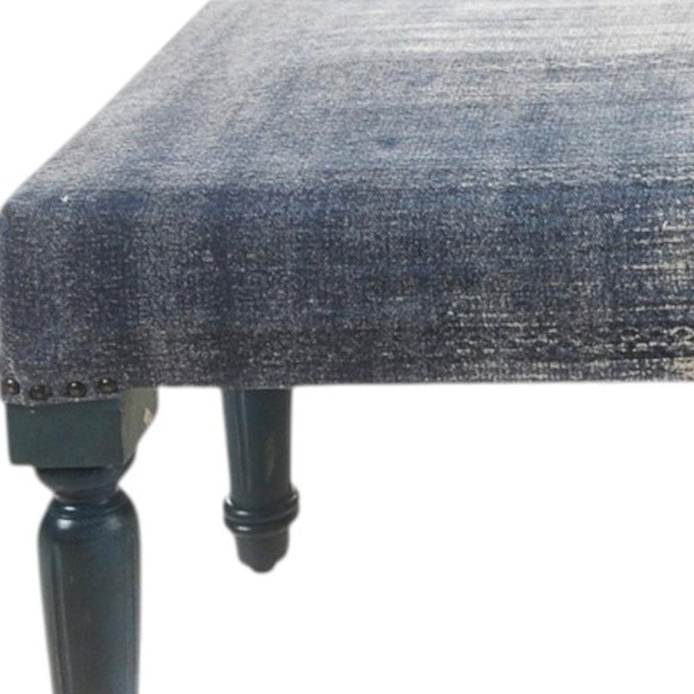 47" Blue And Cream Abstract Design Blue Leg Upholstered Bench