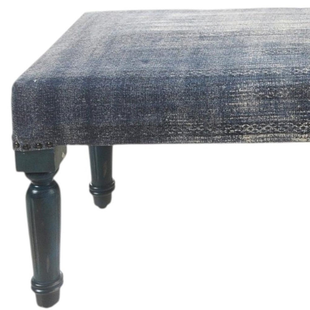 47" Blue And Cream Abstract Design Blue Leg Upholstered Bench