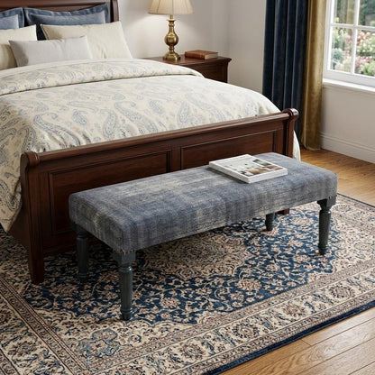 47" Blue And Cream Abstract Design Blue Leg Upholstered Bench