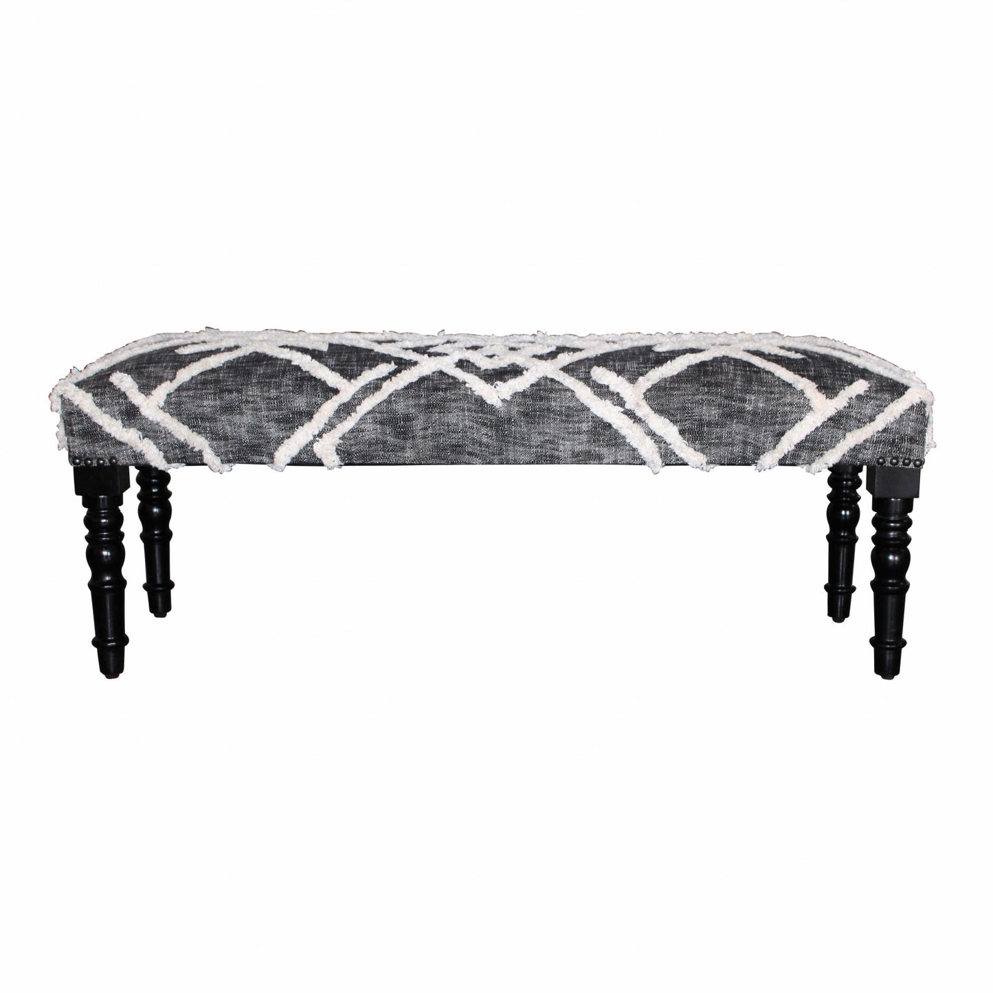 47" Gray And White Geometric Cotton Upholstered Distressed Bench