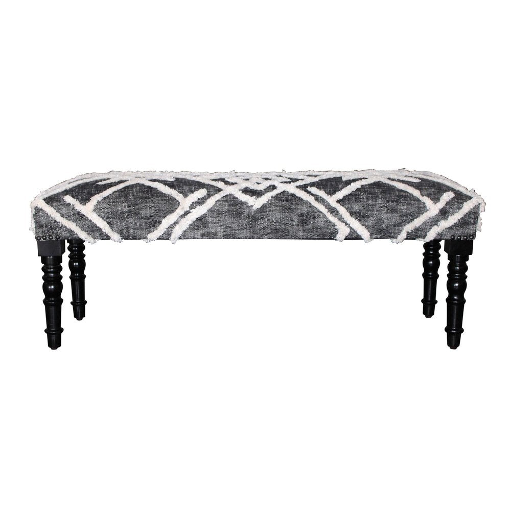 47" Gray White And Black Geometric Cotton And Solid Wood Upholstered Bench