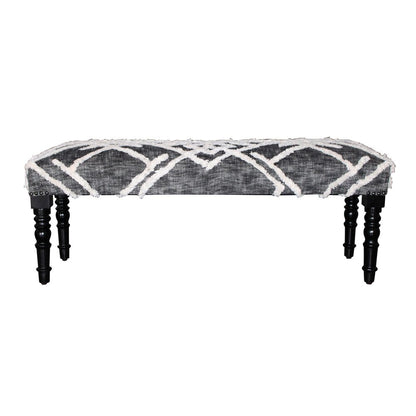47" Gray White And Black Geometric Cotton And Solid Wood Upholstered Bench