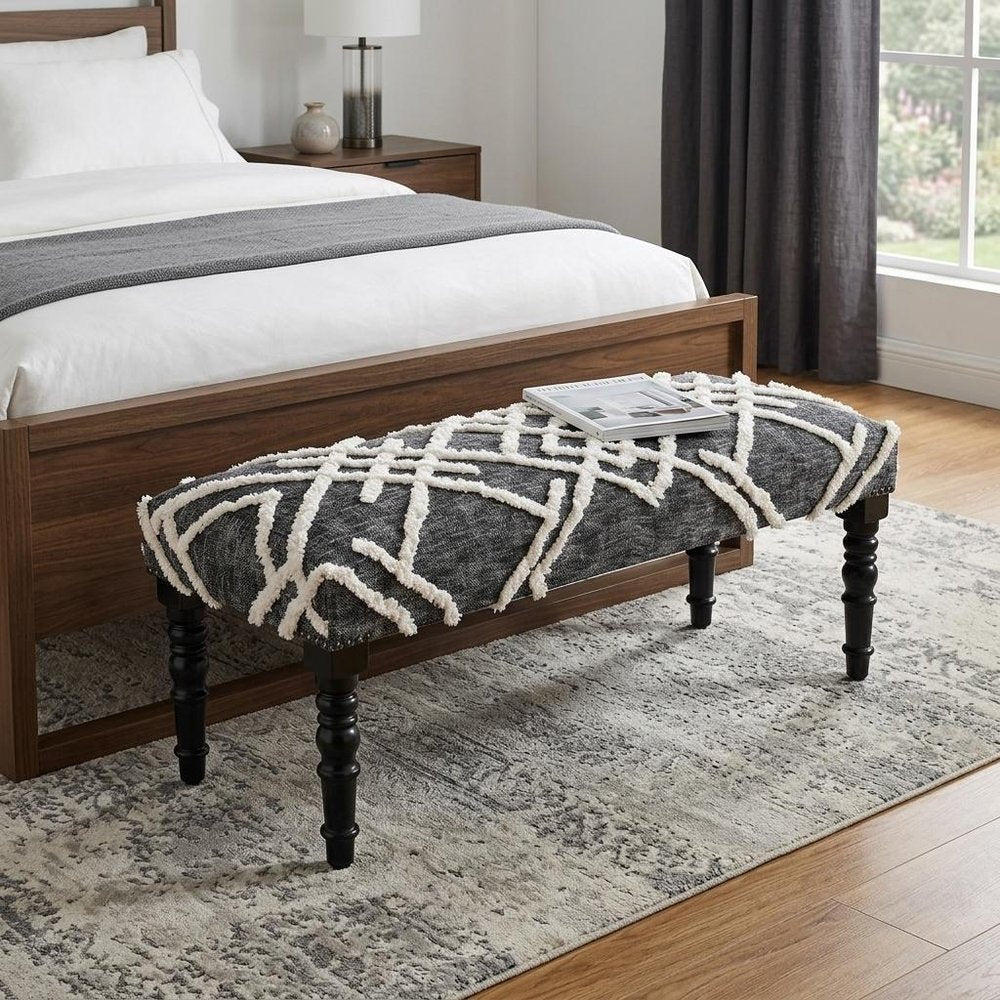 47" Gray And White Geometric Cotton Upholstered Distressed Bench
