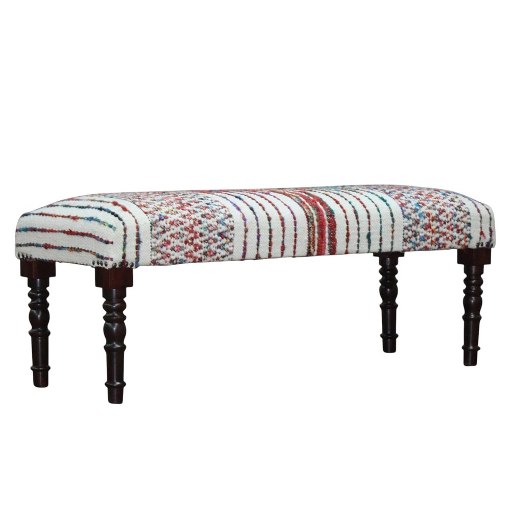 47" Ivory Red and Pink Black Leg Chevron Stripe Upholstered Bench