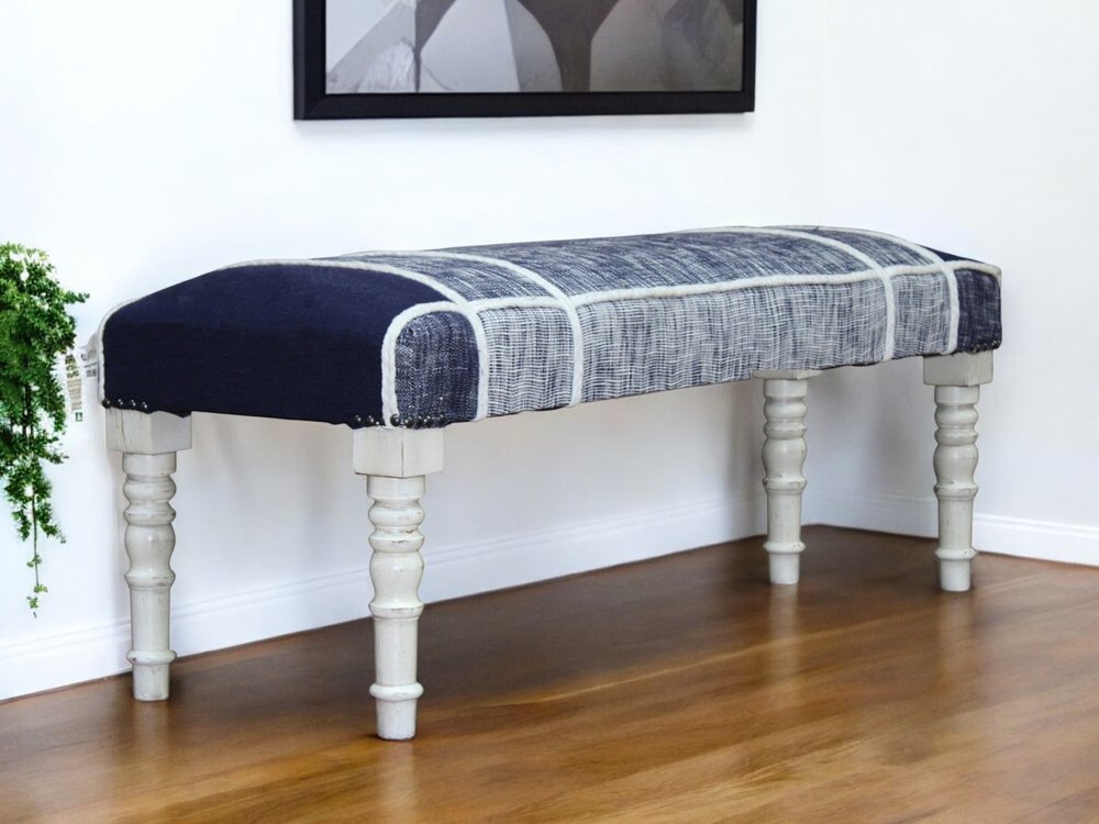 47" Blue And Gray Textural White Leg Upholstered Bench
