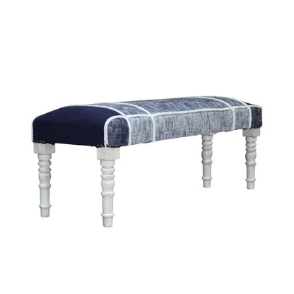 47" Blue And Gray Textural White Leg Upholstered Bench