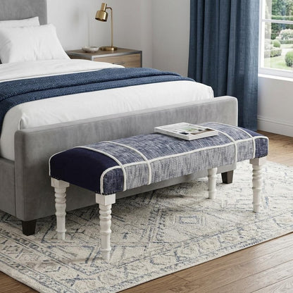 47" Blue And Gray Textural White Leg Upholstered Bench