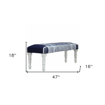 47" Blue And Gray Textural White Leg Upholstered Bench