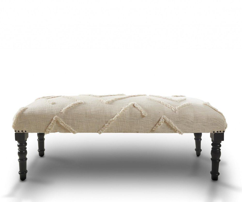 47" Cream And Black Tufted Geometric Cotton And Solid Wood Upholstered Bench