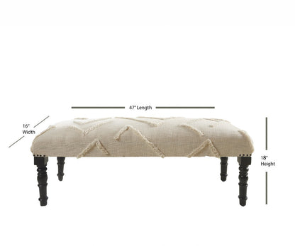 47" Cream and Black Cotton Upholstered Geometric Bench