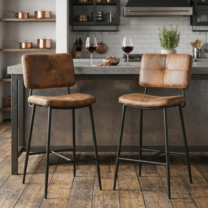 Set of Two 27" Brown And Black Faux Leather And Steel Low Back Counter Height Bar Chairs