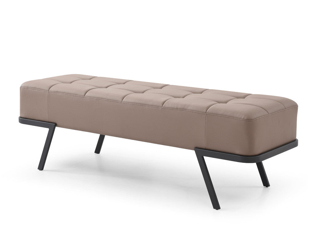 57" Taupe and Black Upholstered Faux Leather Bench