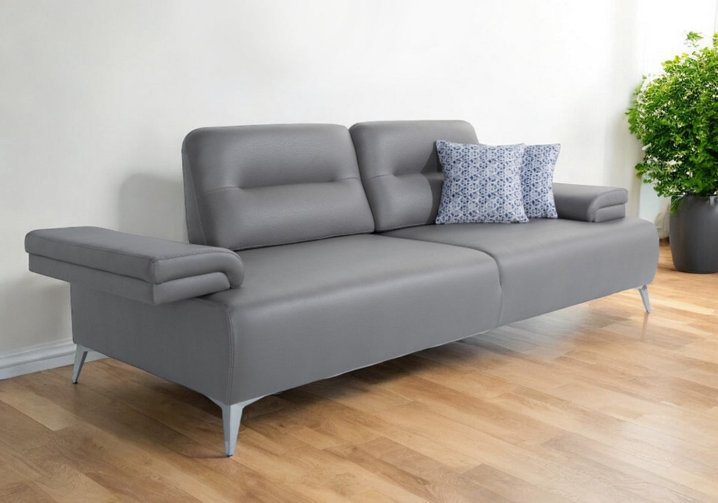 89" Light Gray Leather Convertible Sofa And Toss Pillows With Silver Legs