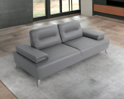 89" Light Gray Leather Convertible Sofa And Toss Pillows With Silver Legs