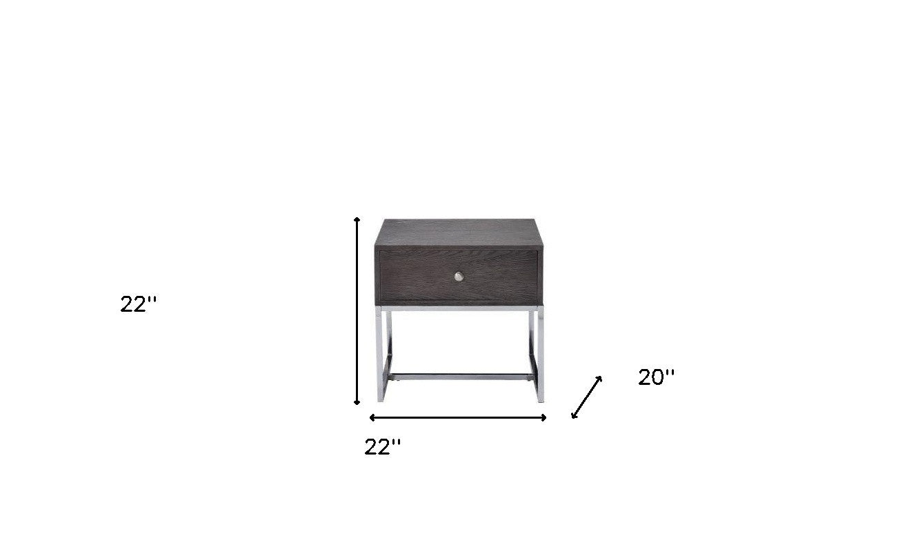 22" Chrome And Gray Oak Manufactured Wood Rectangular End Table With Drawer