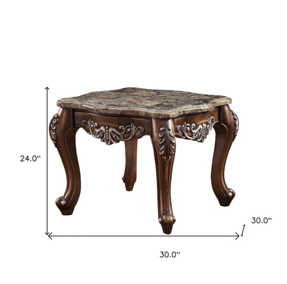 24" Antique Oak And Marble Square End Table