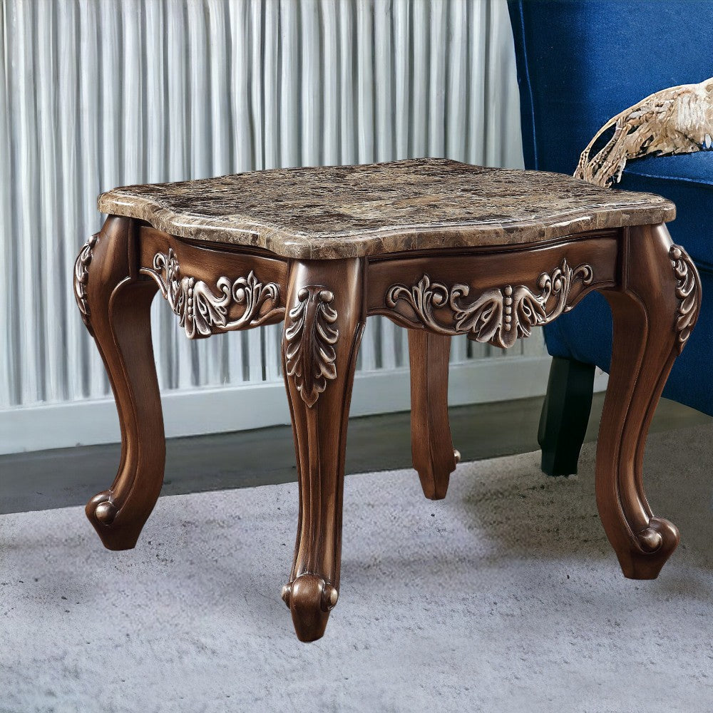 24" Antique Oak And Marble Square End Table