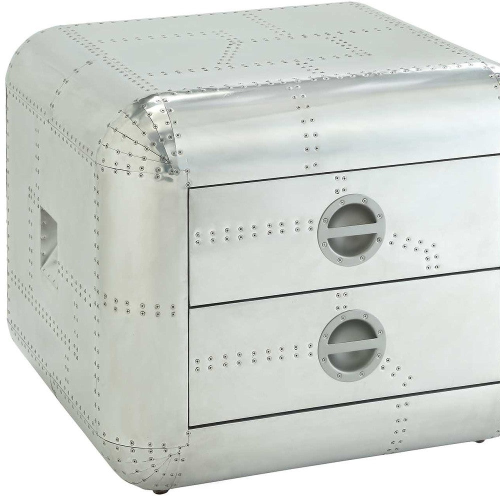 22" Silver Aluminum Aviator Trunk Style Square End Table With Two Drawers