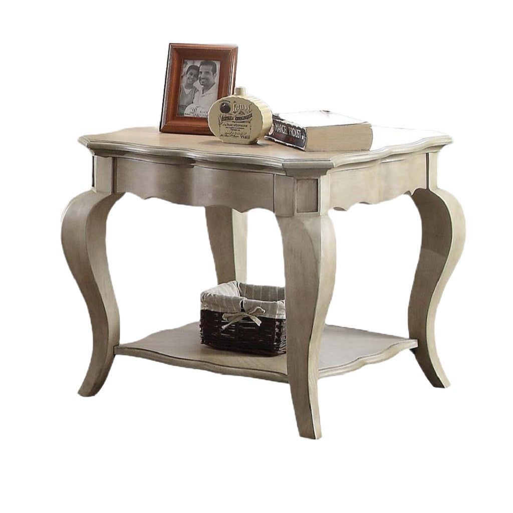 24" Taupe And Clear Glass And Solid Wood End Table With Shelf