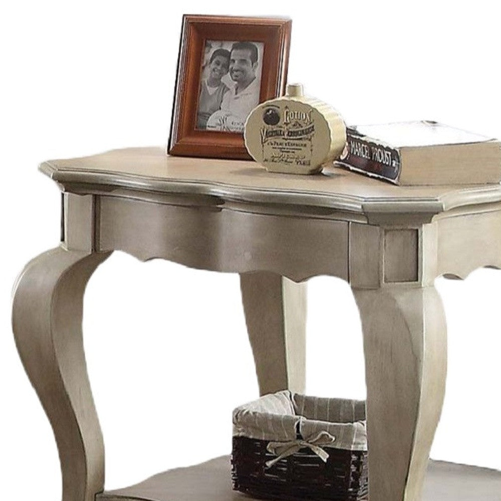 24" Taupe And Clear Glass And Solid Wood End Table With Shelf