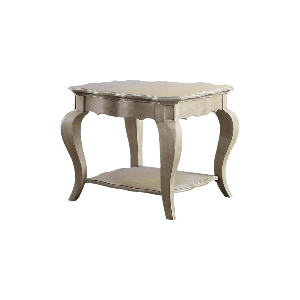 24" Taupe And Clear Glass And Solid Wood End Table With Shelf