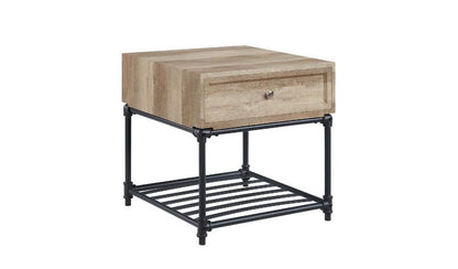 22" Oak And Black Wood And Iron Square End Table With Drawer And Shelf