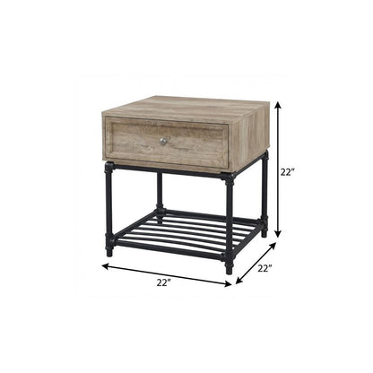 22" Oak And Black Wood And Iron Square End Table With Drawer And Shelf