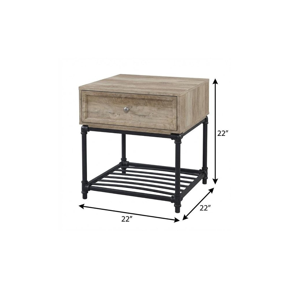 22" Sandy Black And Oak Manufactured Wood And Metal Square End Table With Drawer And Shelf