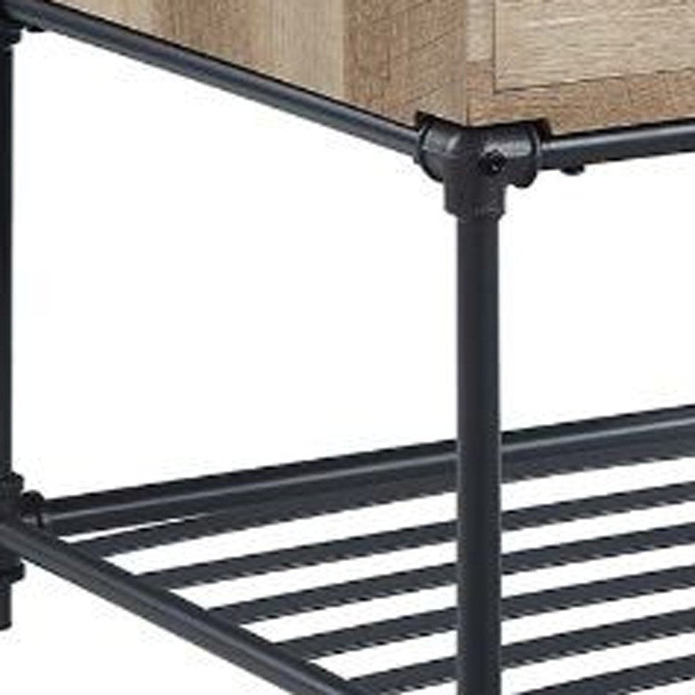 22" Oak And Black Wood And Iron Square End Table With Drawer And Shelf