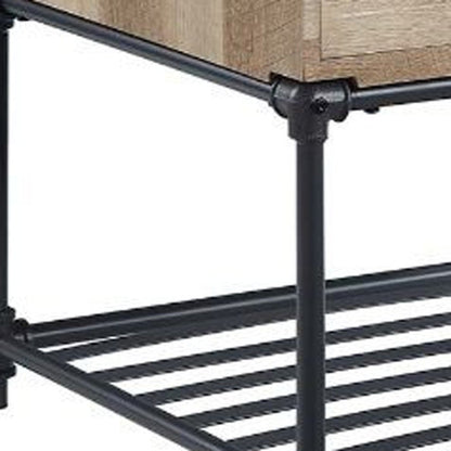 22" Oak And Black Wood And Iron Square End Table With Drawer And Shelf